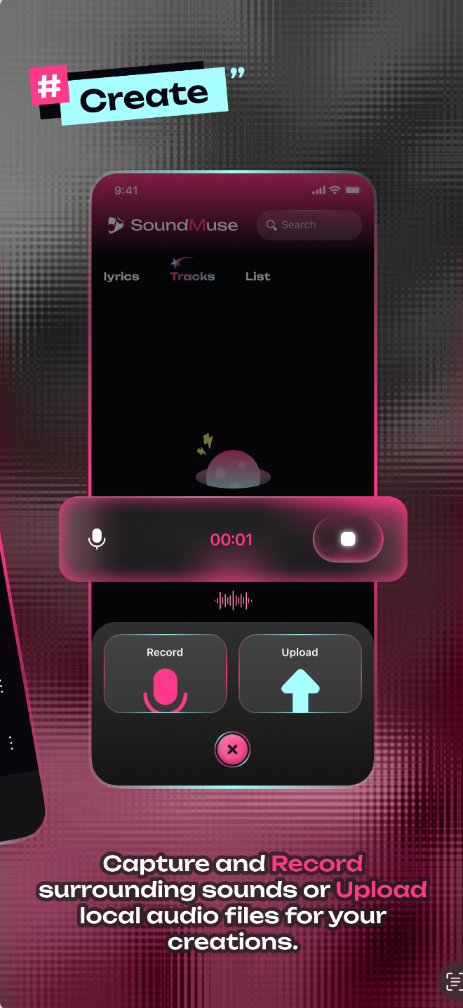 SoundMuse create screen with record and upload options