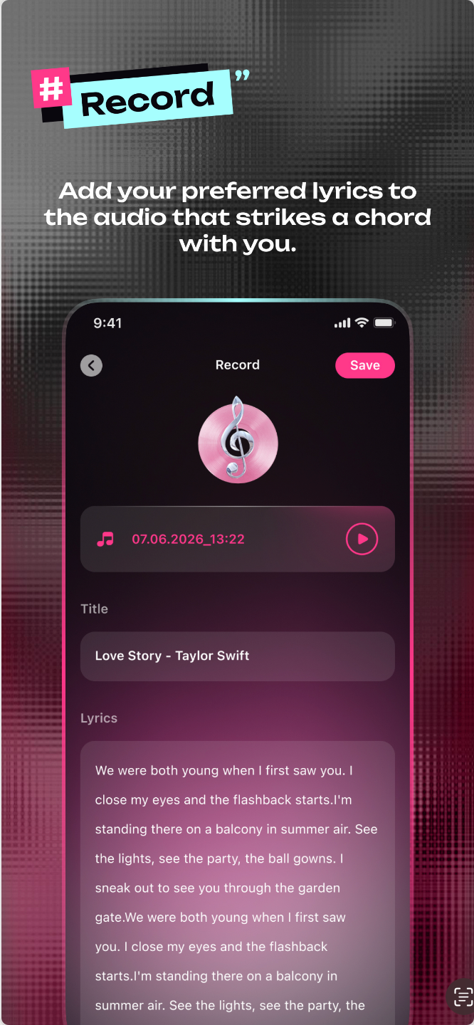 SoundMuse record screen with lyric editor