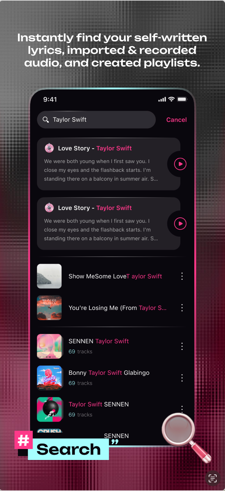 SoundMuse search screen for written lyrics and playlists